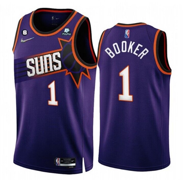 Men's Phoenix Suns #1 Devin Booker 2022/23 Purple 75th Anniversary Icon Edition With NO.6 Patch Stitched Jersey